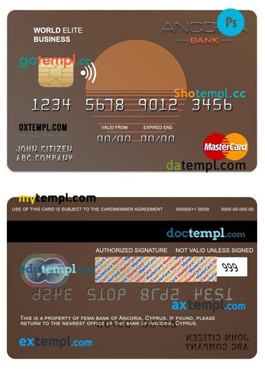 Cyprus Ancoria bank world elite business mastercard template in PSD format