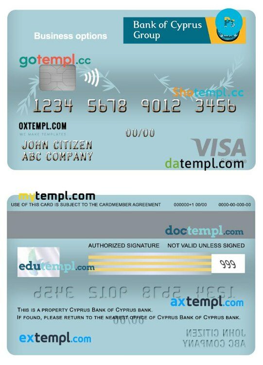 Cyprus Bank of Cyprus business visa signature card template in PSD format