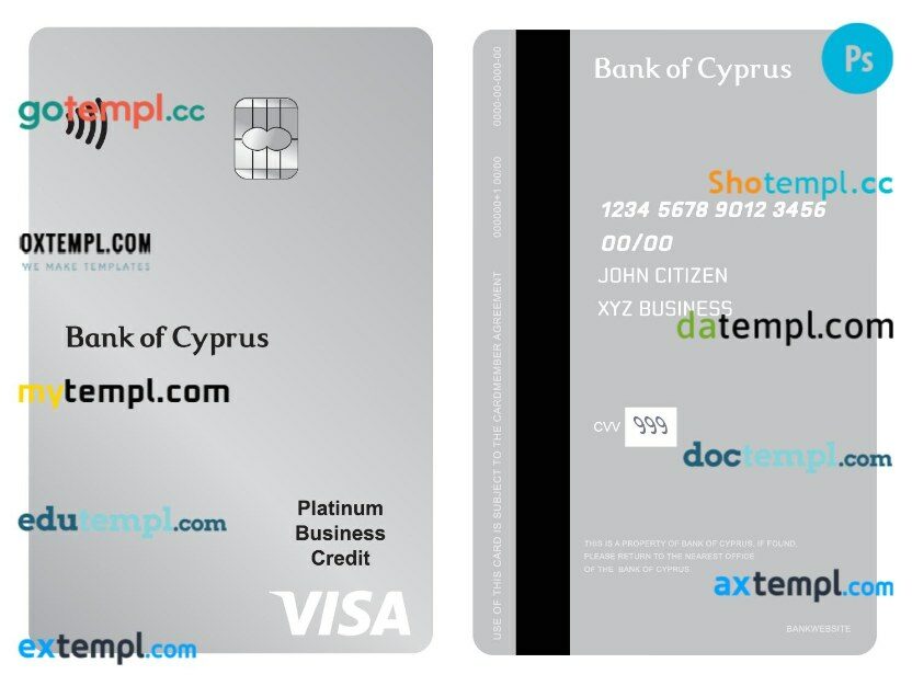Cyprus Bank of Cyprus visa business platinum credit vertical card template in PSD format
