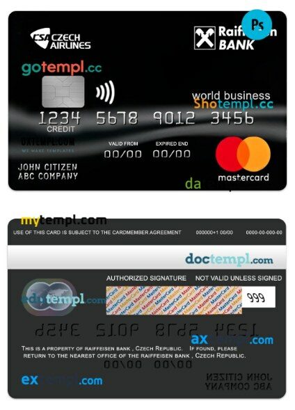 Czech Republic Raiffeisen bank world business mastercard template in PSD format