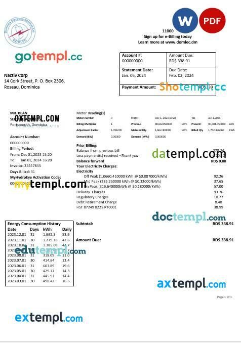 Dominica Electricity Services Limited electricity business utility bill template in Word and PDF format