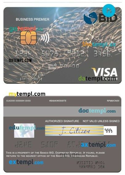 Dominican Republic Banco BID business premier visa signature card template in PSD format