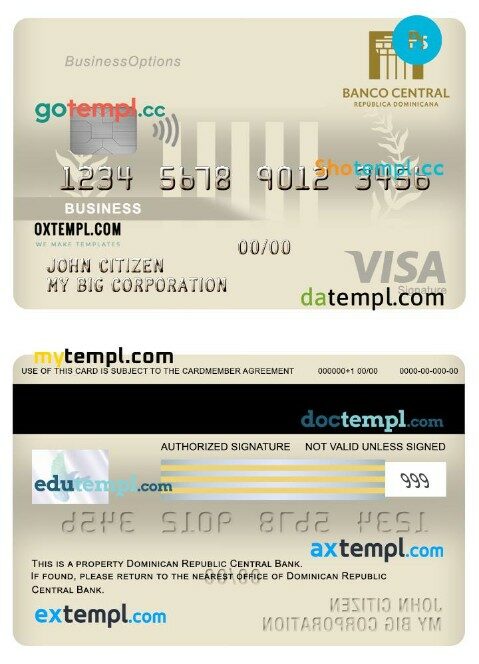 Dominican Republic Central bank business visa signature card template in PSD format