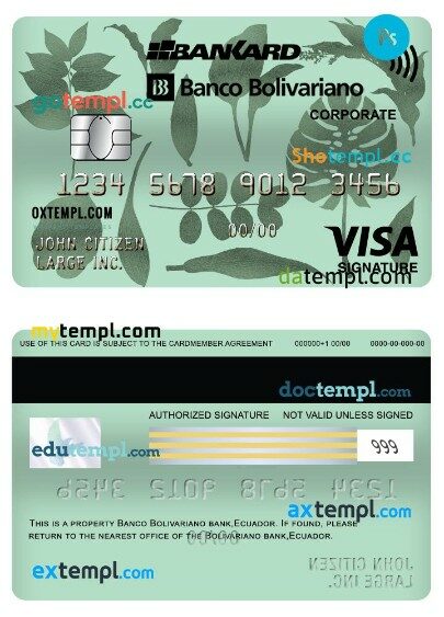 Ecuador Banco Bolivariano bank corporate visa signature card template in PSD format