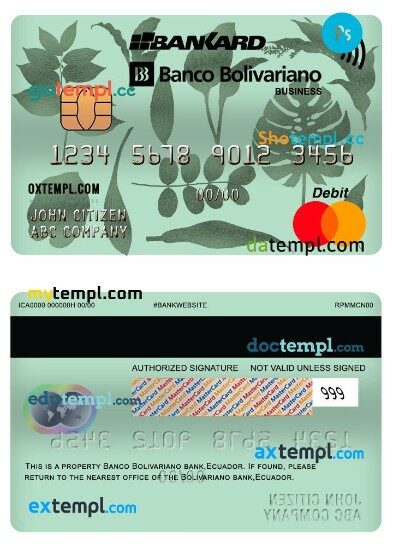 Ecuador Banco Bolivariano business mastercard template in PSD format