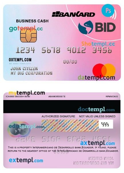 Ecuador Banco Interamericano de desarrollo (BID) bank business cash mastercard template in PSD format