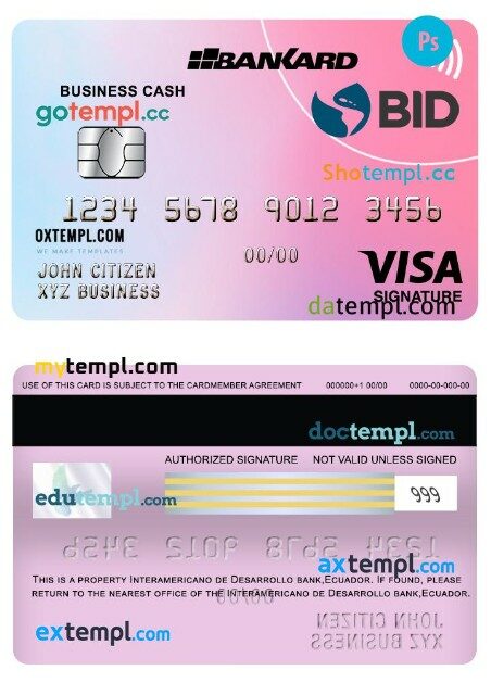 Ecuador Banco Interamericano de desarrollo (BID) bank business cash visa signature card template in PSD format
