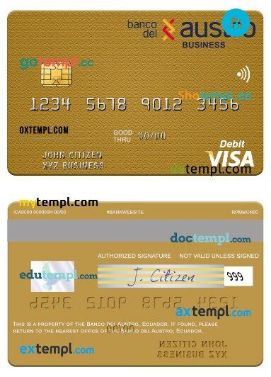 Ecuador Banco del Austro visa business card template in PSD format