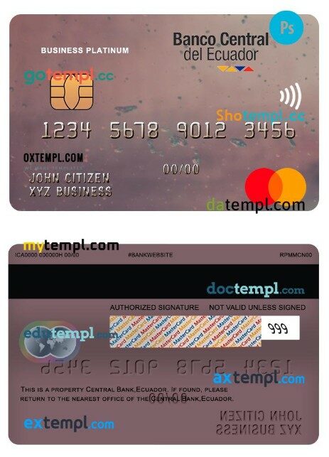 Ecuador Central bank business platinum mastercard template in PSD format