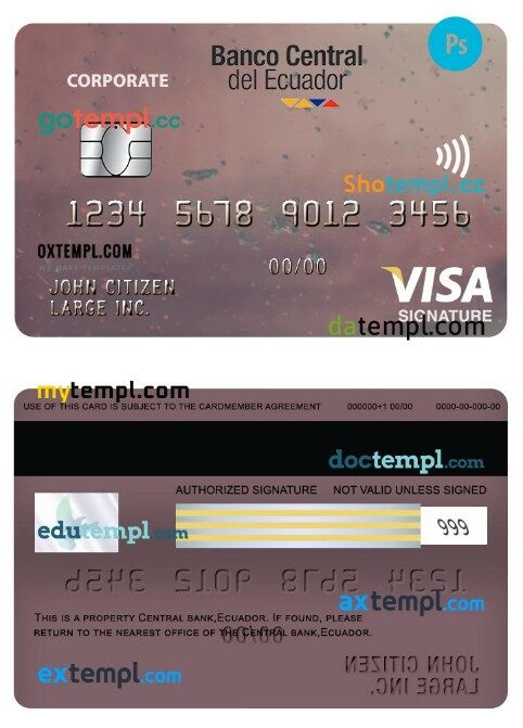 Ecuador Central bank corporate visa signature card template in PSD format