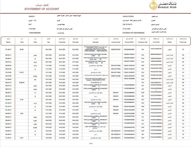 Egypt Banque Misr statement of account Word and PDF template