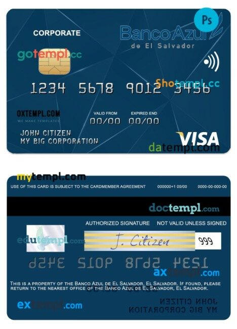 El Salvador Banco Azul de El Salvador corporate visa card template in PSD format