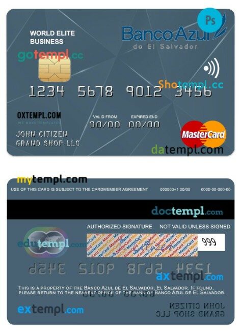 El Salvador Banco Azul de El Salvador world elite business mastercard template in PSD format