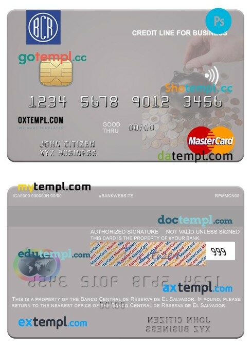 El Salvador Banco Central de Reserva de El Salvador business credit mastercard template in PSD format