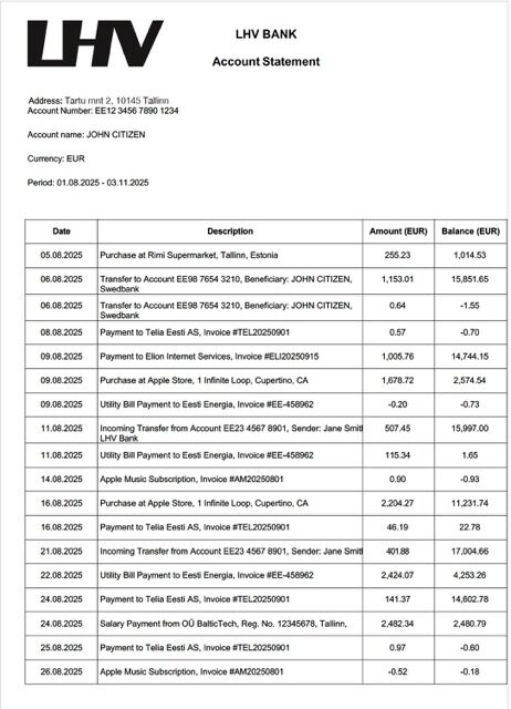 Estonia LHV Bank account statement Word and PDF template