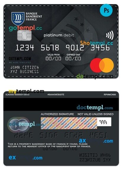 France Banorient France Bank business platinum debit mastercard template in PSD format