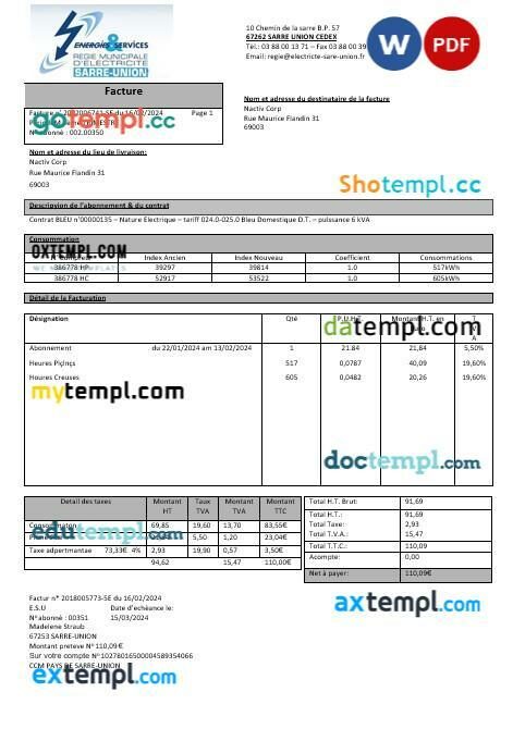 France Energies & Services Régie Municipal d’ Electricité Sarre-Union electricity business utility bill template in Word and PDF format