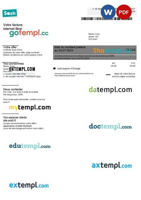 France Sosh business utility bill template in Word and PDF format