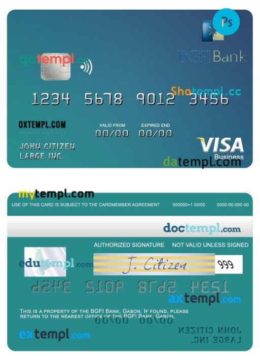 Gabon BGFI Bank visa business card template in PSD format