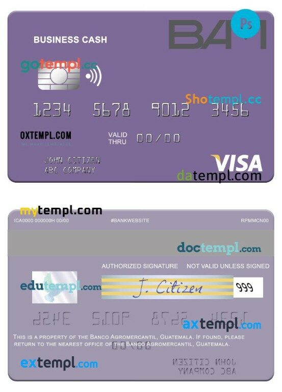 Guatemala Banco Agromercantil visa business cash card template in PSD format