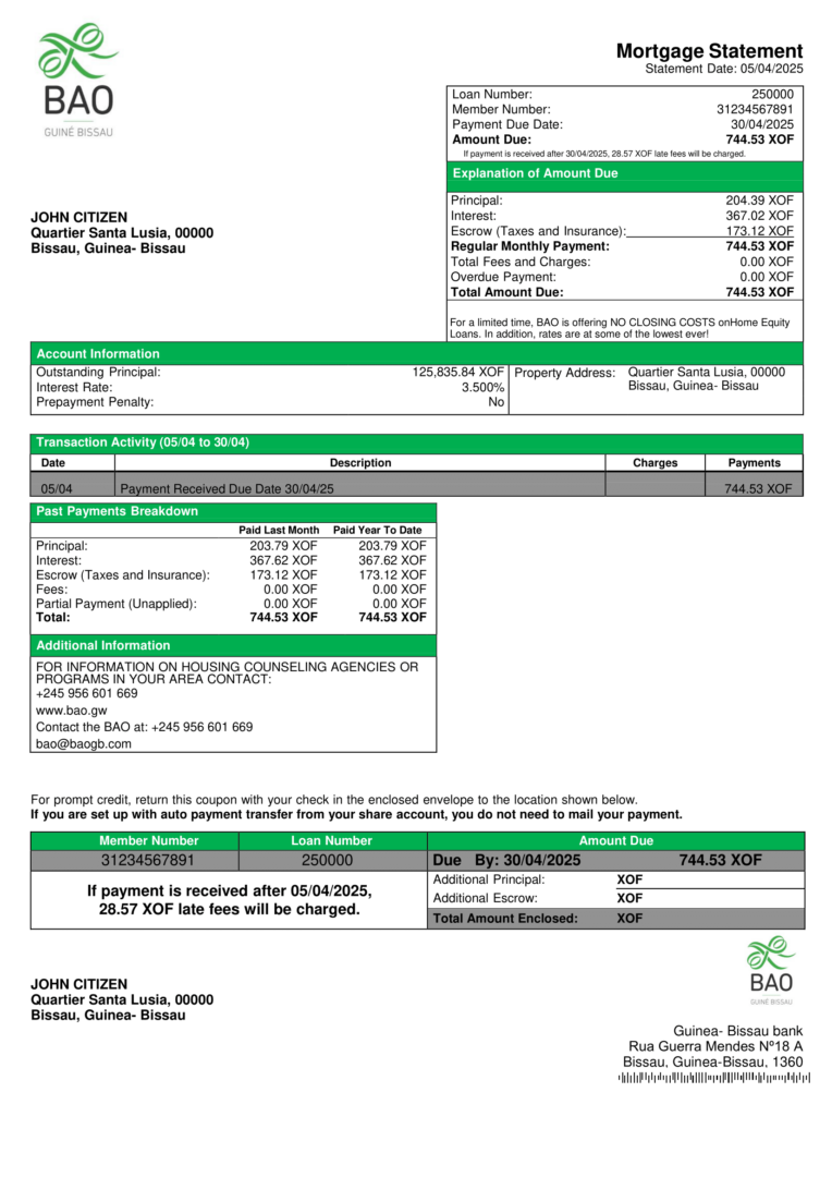 Guinea - Bissau bank mortgage statement, editable template in PDF and Word