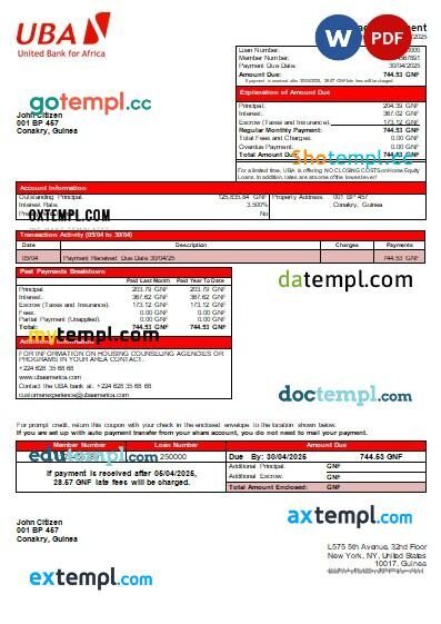 Guinea UBA Bank mortgage statement, editable template in PDF and Word