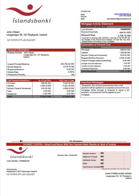 Iceland Bank of Iceland (Íslandsbanki) mortgage statement Word and PDF template