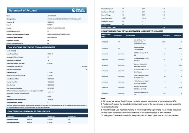 India Bajaj Finserv statement of account Word and PDF template, 2 pages