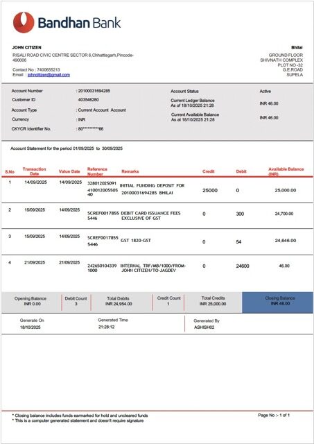 India Bandhan Bank account statement Word and PDF template