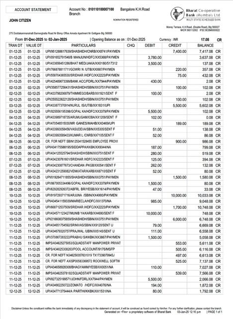 India Bharat Co-operative Bank account statement Word and PDF template