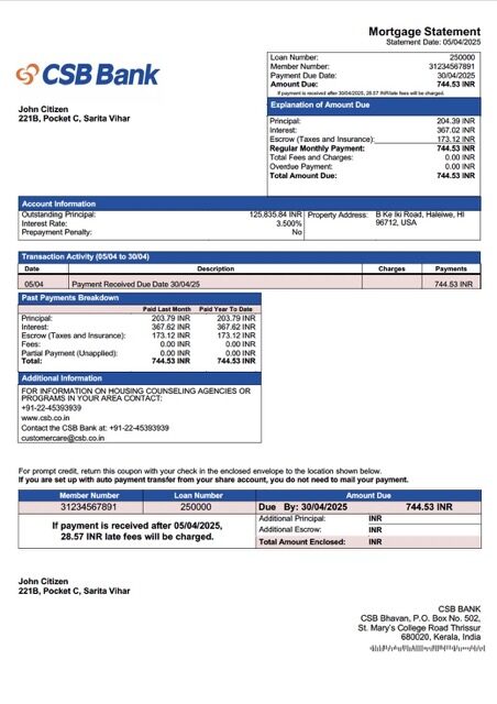 India CSB Bank mortgage statement Word and PDF template