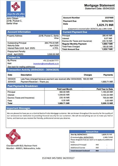 India Central Bank of India mortgage statement Word and PDF template