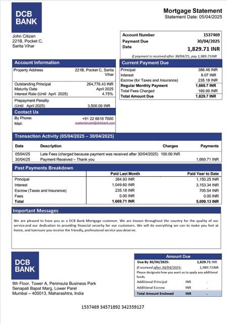 India DCB Bank mortgage statement Word and PDF template
