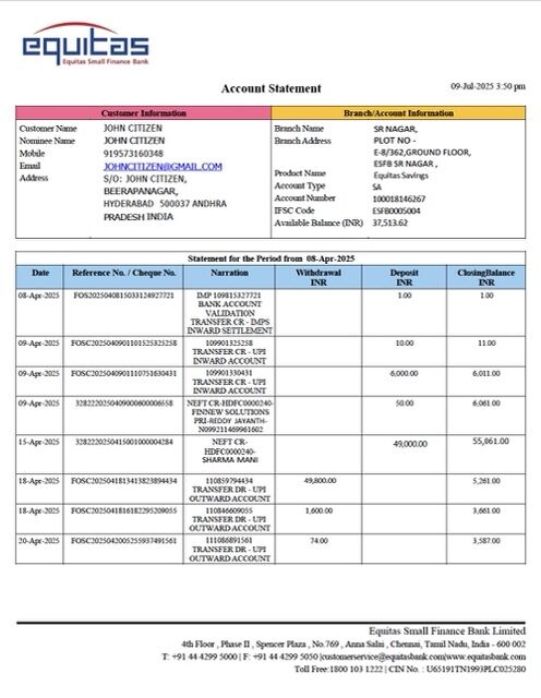 India Equitas Small Finance Bank account statement Word and PDF template