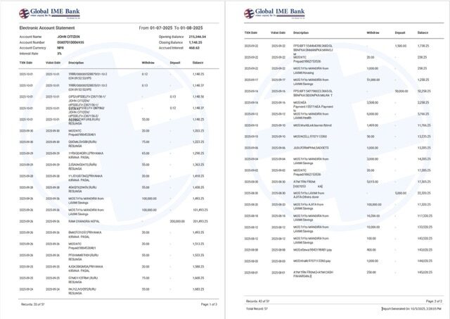 India Global Ime Bank account statement Word and PDF template, 2 pages