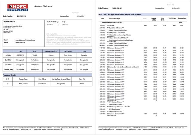 India HDFC Bank account statement Word and PDF template, 2 pages, version 2
