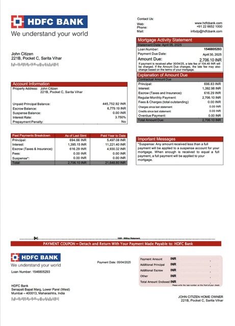 India HDFC Bank mortgage statement Word and PDF template