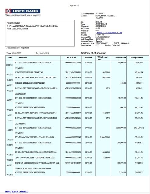 India HDFC Bank statement Word and PDF template