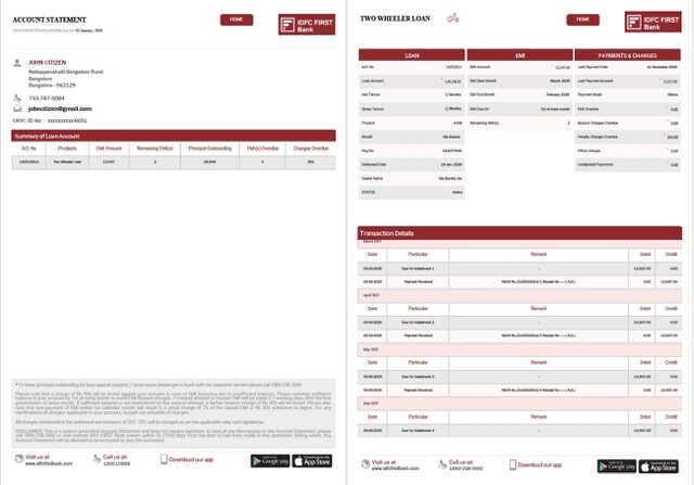 India IDFC First Bank Limited account statement Word and PDF template, 2 pages