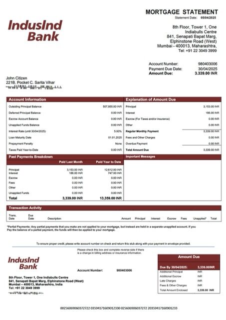India IndusInd Bank mortgage statement Word and PDF template