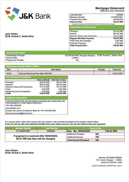India Jammu & Kashmir Bank mortgage statement Word and PDF template