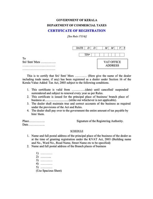 India Kerala certificate of registration Word and PDF template