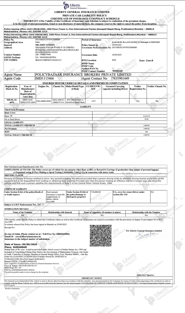 India Liberty General Insurance Limited certificate of insurance cum policy schedule Word and PDF template
