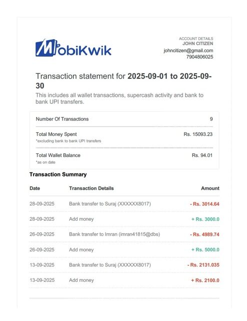 India MobiKwik transaction statement Word and PDF template