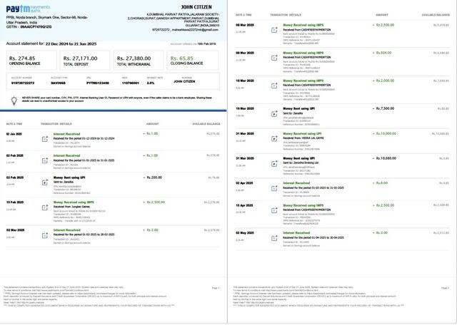 India PayTM Payments Bank account statement Word and PDF template, 3 pages