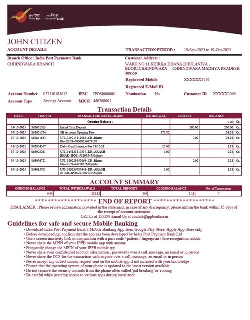 India Post Payments Bank account statement Word and PDF template