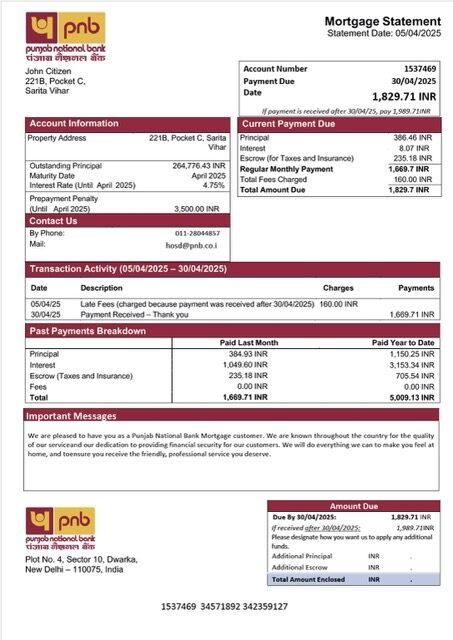 India Punjab National Bank mortgage statement Word and PDF template
