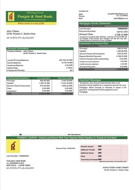India Punjab & Sind Bank mortgage statement Word and PDF template