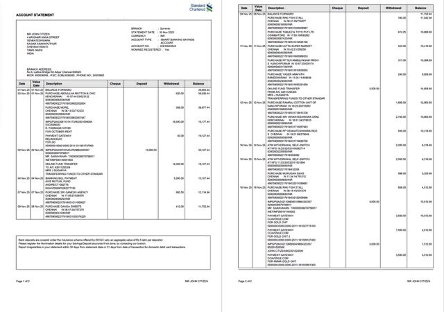 India Standard Chartered Bank account statement Word and PDF template, 2 pages, version 2