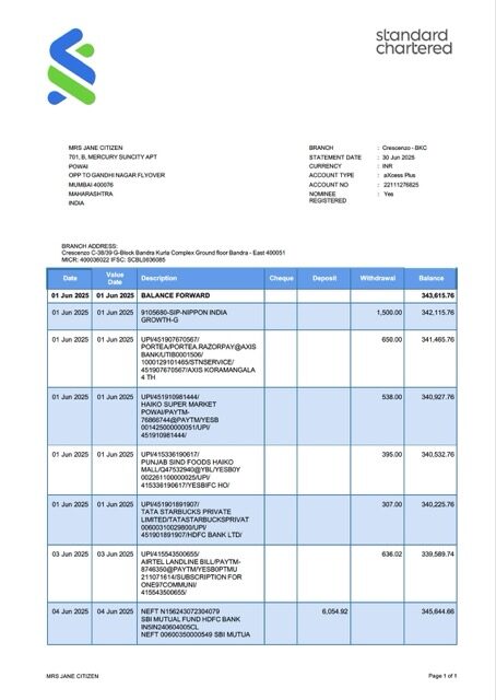 India Standard Chartered Bank account statement Word and PDF template, version 3